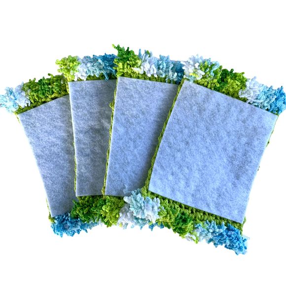 Mug Rugs Handmade Crochet Green Blue White Cotton Fringe Set of 4 Coasters - Picture 7 of 10